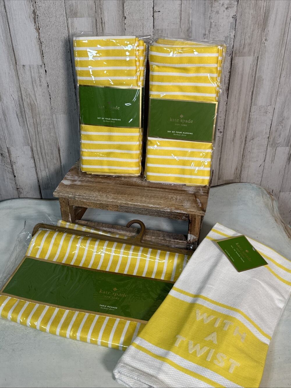 Kate Spade Harbour Drive Yellow Stripe Table Runner And Napkins With Bonus Towel